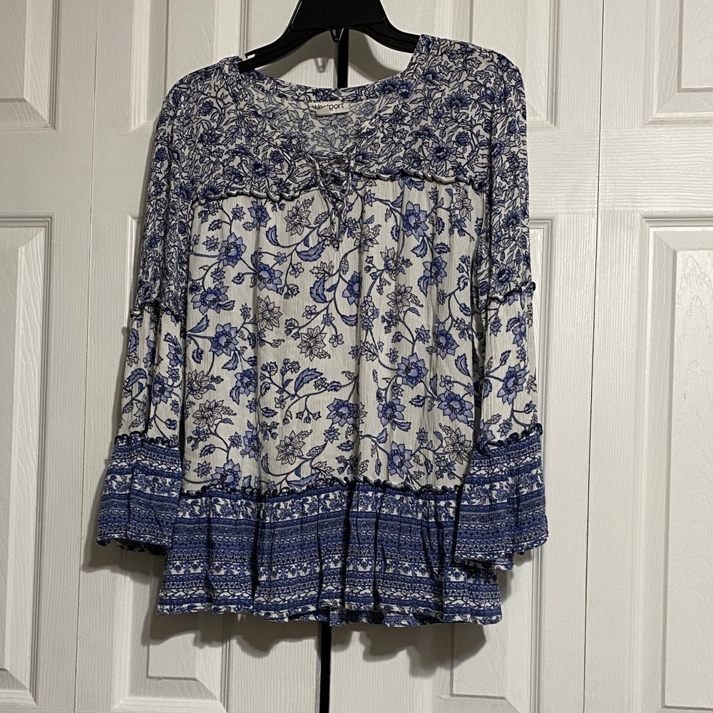 Westport gauze floral blue & white smock top blouse shirt top LARGE
